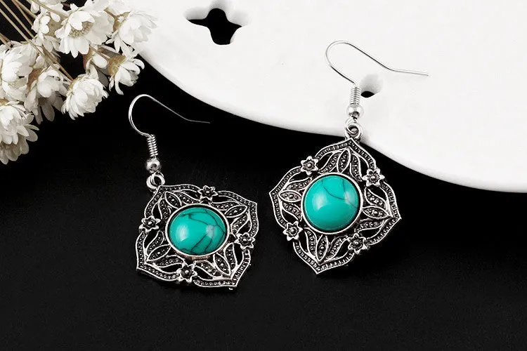 Vintage Jewelry Sets Chain Necklaces Drop Earrings Bracelets Turquoise Tibetan Silver Round Flower Hollow Design Jewellry Women