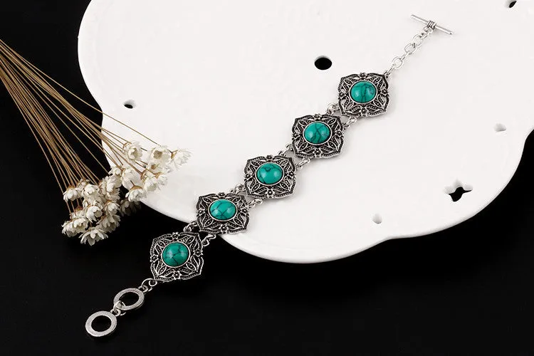 Vintage Jewelry Sets Chain Necklaces Drop Earrings Bracelets Turquoise Tibetan Silver Round Flower Hollow Design Jewellry Women