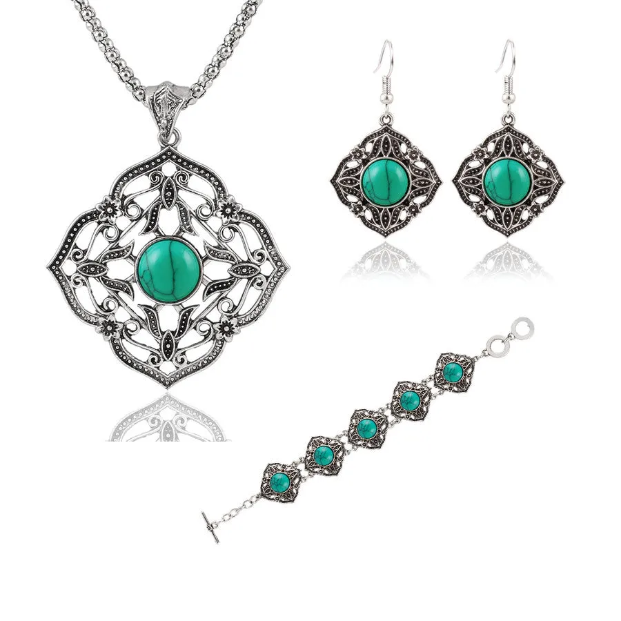 Vintage Jewelry Sets Chain Necklaces Drop Earrings Bracelets Turquoise Tibetan Silver Round Flower Hollow Design Jewellry Women