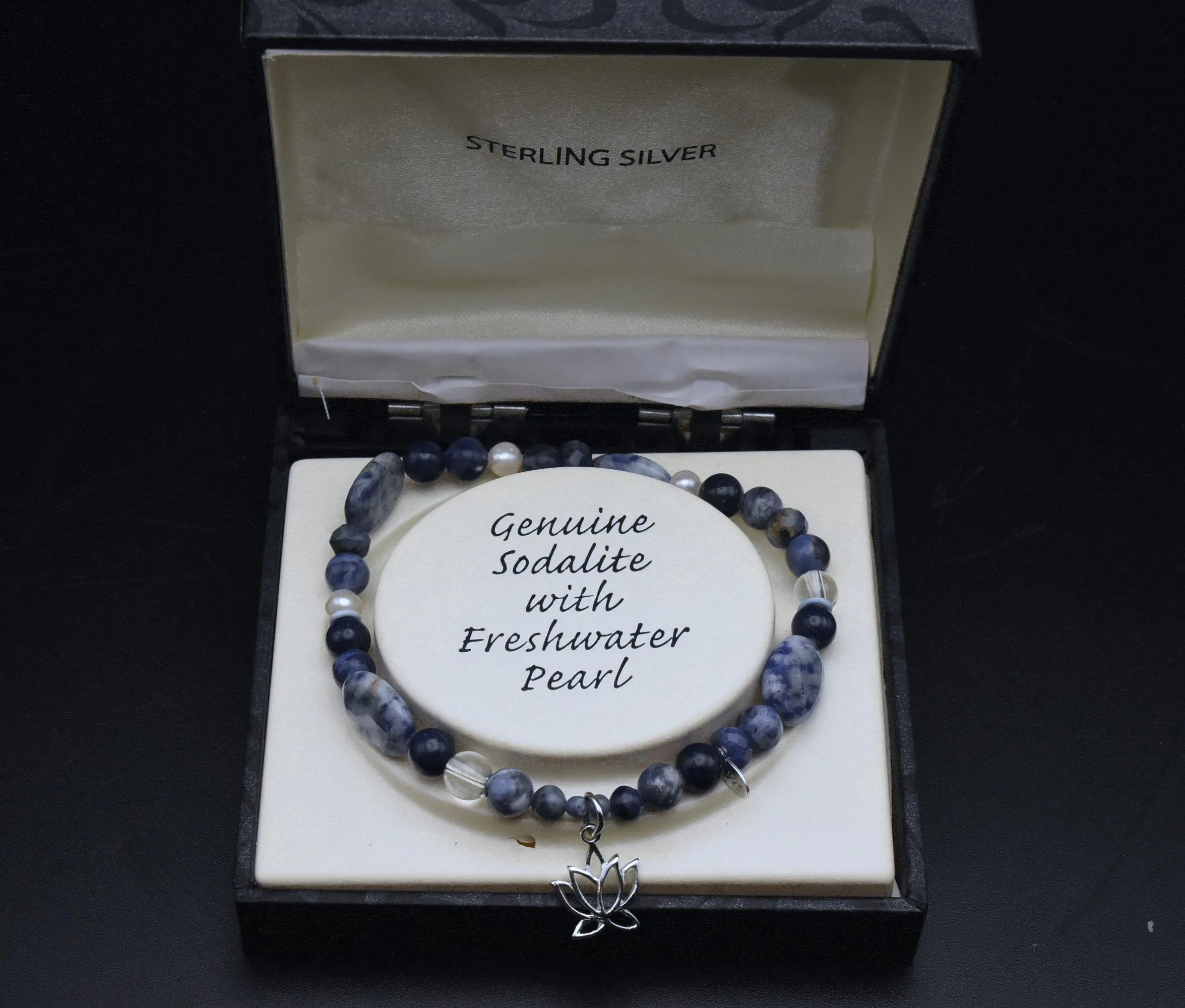 Vintage NIB Sodalite, Freshwater Pearl and Sterling Silver Beaded Stretch Bracelet