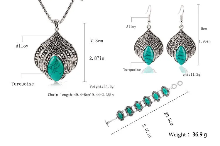 Vintage Silver Plated Geometric Jewelry Sets Water Drop Turquoise Earrings Necklace Bracelet Fashion For Women Accessories