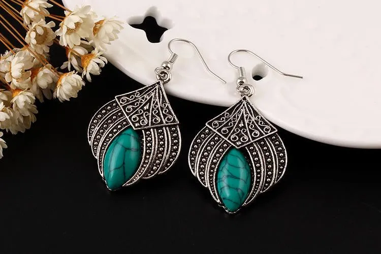 Vintage Silver Plated Geometric Jewelry Sets Water Drop Turquoise Earrings Necklace Bracelet Fashion For Women Accessories