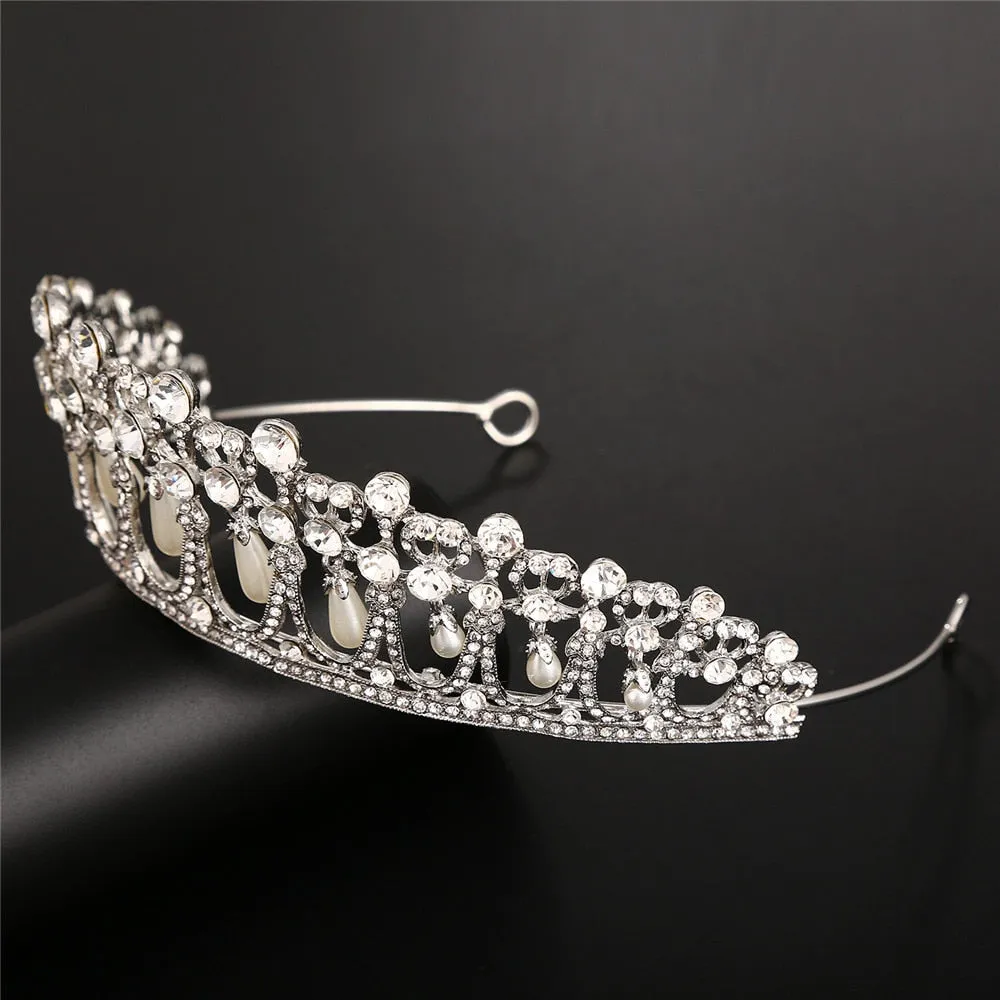 Vintage Silver Plated Queen Princess Diana Crown Crystal Pearl Diadem For Bridal Hair Accessories Bride Headbands Tiara De Noiva