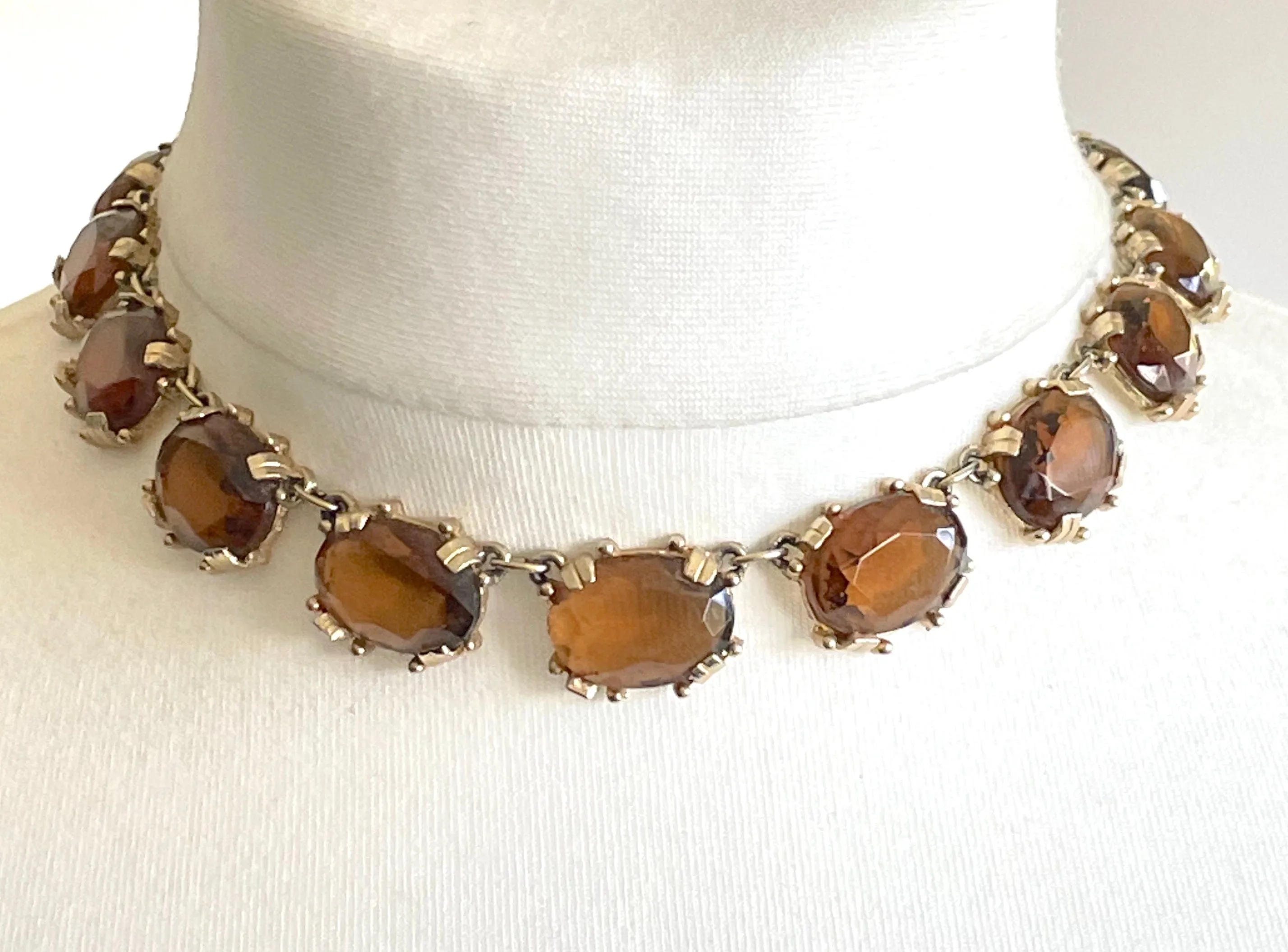 Vintage Sphinx smoky topaz glass riviere necklace and bracelet set, heavy, bezel set, open-backed stones in ornate setting