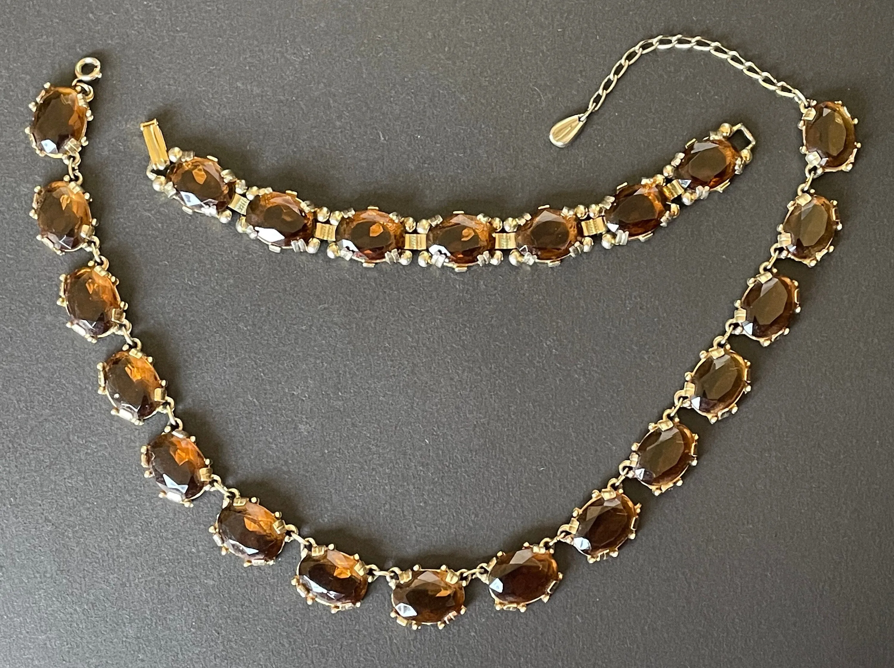 Vintage Sphinx smoky topaz glass riviere necklace and bracelet set, heavy, bezel set, open-backed stones in ornate setting