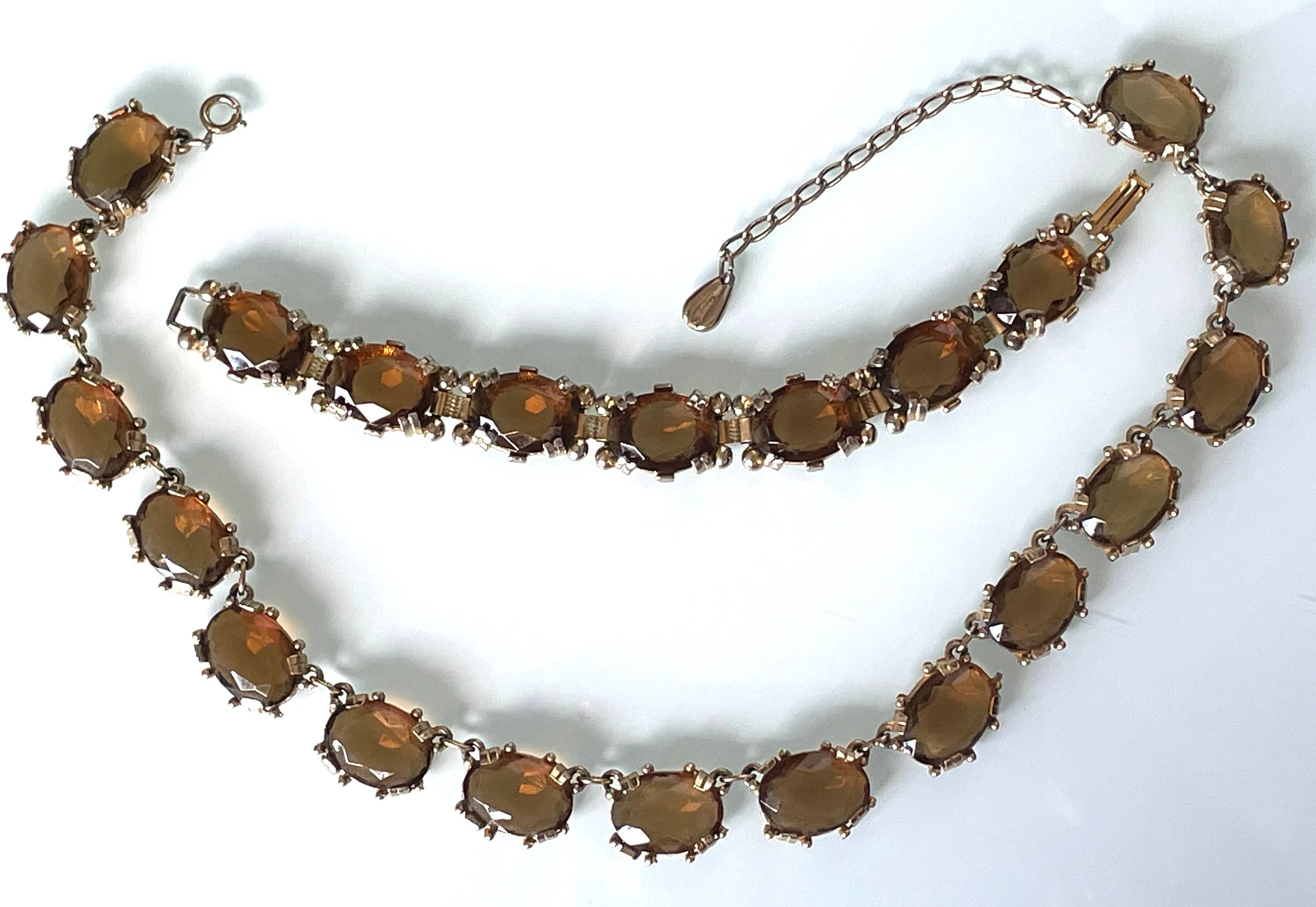 Vintage Sphinx smoky topaz glass riviere necklace and bracelet set, heavy, bezel set, open-backed stones in ornate setting