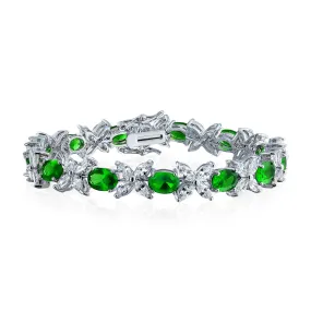 Vintage Style Tennis Bracelet with Cubic Zirconia and Simulated Emerald or Ruby