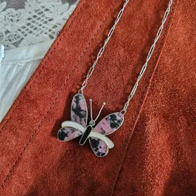 Vintage Zuni Rhodonite Onyx Sterling Silver 925 Butterfly Necklace