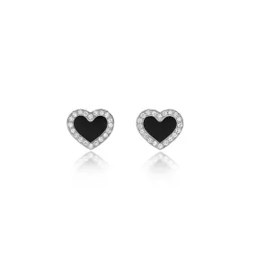 White Gold Onyx Inlay Heart Studs with Diamonds