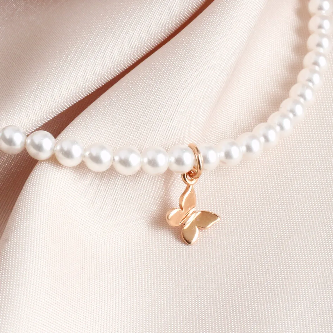 White Pearl and Rose Gold Butterfly Necklace