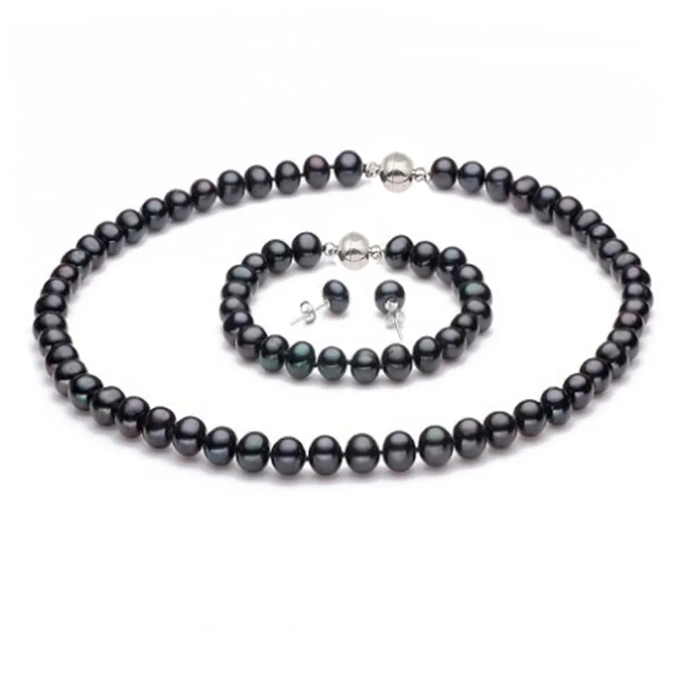 Women's 8-9mm Black Freshwater Pearl Necklace Bracelet Earrings Jewellery Set