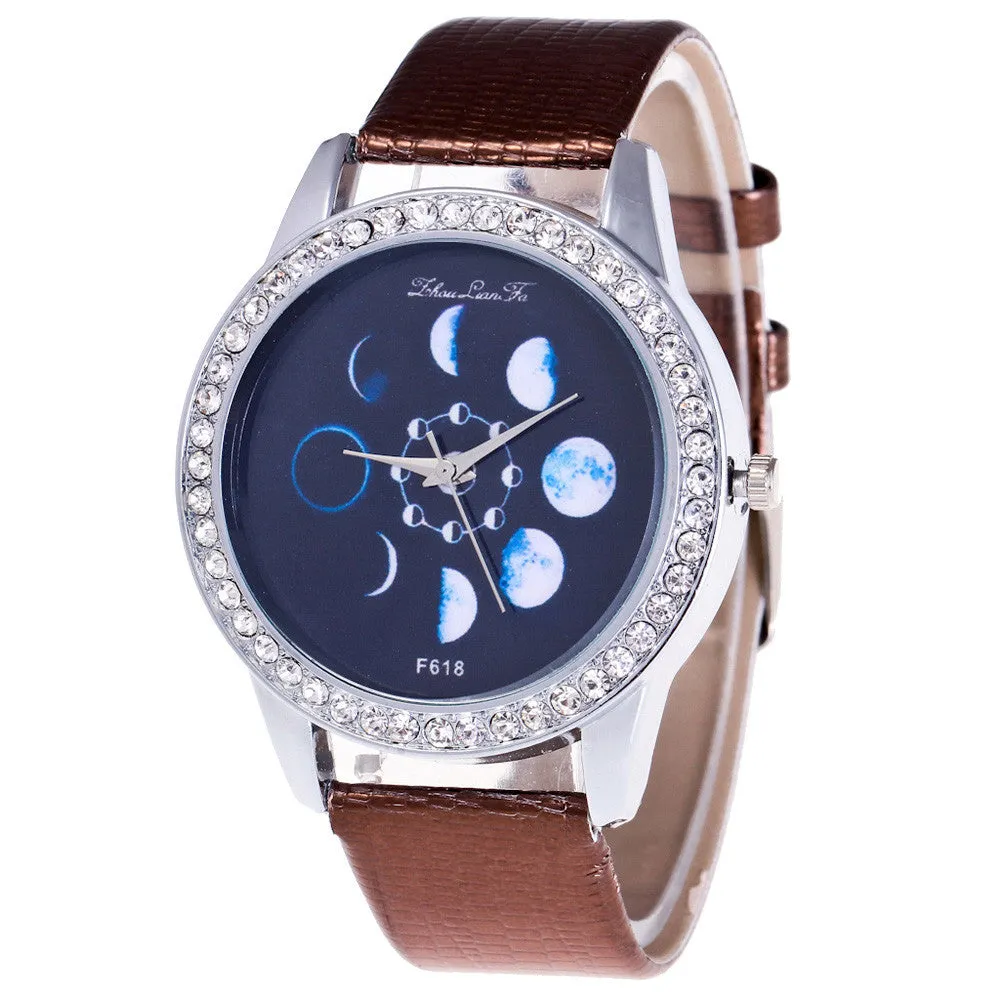 Women's Leather wrist band With Simulated Quartz Round Watch