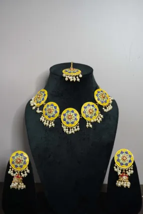 Yellow Colour Choker Necklace with Earring & Maang Tikka