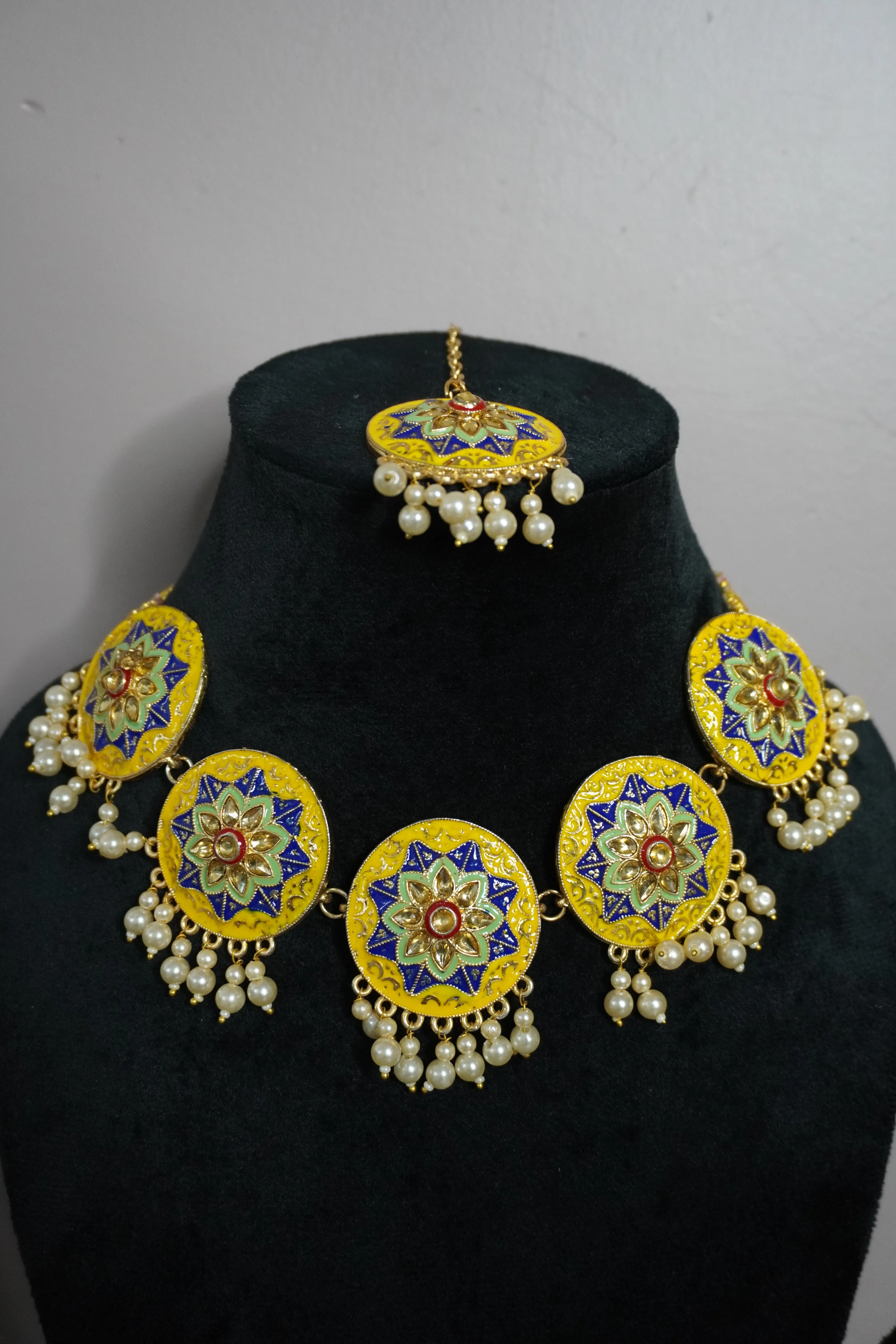 Yellow Colour Choker Necklace with Earring & Maang Tikka