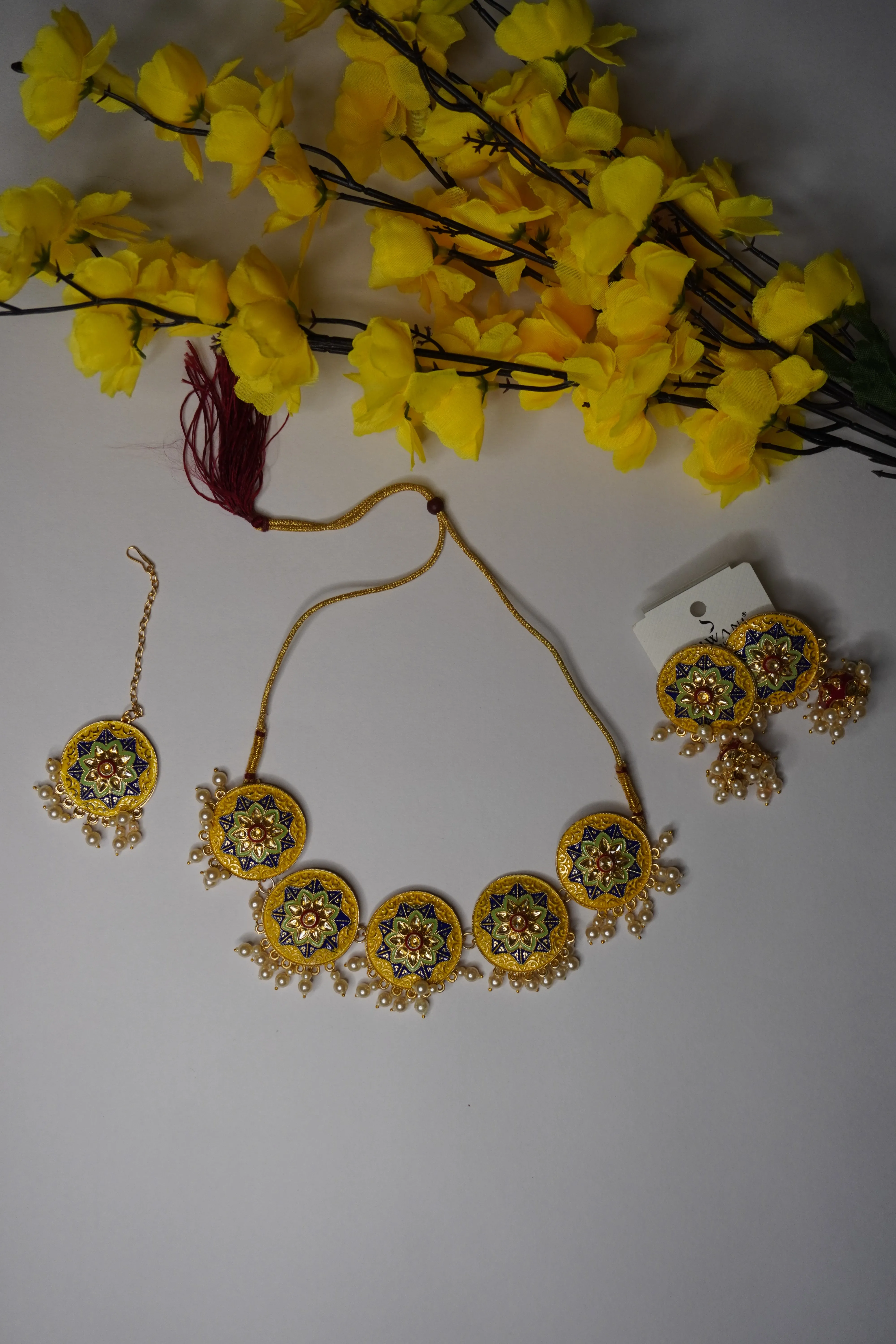 Yellow Colour Choker Necklace with Earring & Maang Tikka